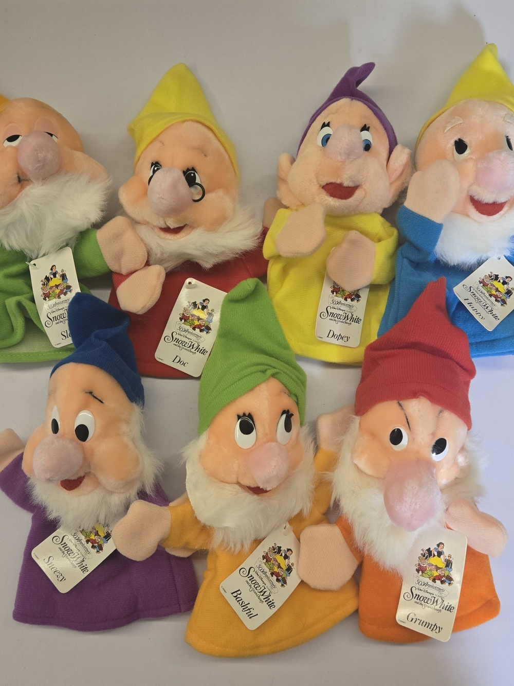 VTG 1987 Disney Snow White 7 Dwarfs Plush Hand Puppets COMPLETE SET W/ TAGS 50th